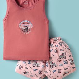 CUCUMBER Sinker Knit Sleeveless Shorts Night Suit With Vehicle Print - Pink-image-49