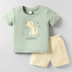 Tango Interlock Knit Half Sleeves T-Shirt & Shorts Set With Dog Print - Olive Green-image-11
