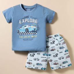 CUCUMBER Single Jersey Knit Half Sleeves Shorts Night Suit With Vehicles Print - Light Blue-image-71