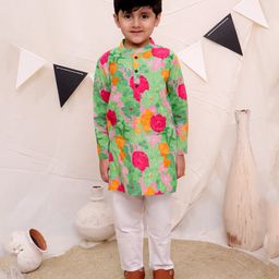Ka-mee Cotton Woven Full Sleeves Floral Printed Kurta & Pyjama Set - Green-image-30