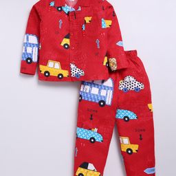 Nottie Planet Cotton Knit Full Sleeves Car Printed Coordinating Night Suit Set - Red-image-65