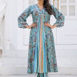 all about you Paisley Printed V-Neck Empire A-Line Kurta With Trousers-11