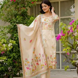 Pantos Women Floral Embroidered Beads and Stones Kurta with Trousers & Dupatta-picture-37