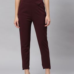 plusS WORX Women Maroon Solid Mid-Rise Regular Fit Trousers-29
