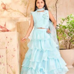 Aarika Girls Sky Blue Embellished Lehenga, Choli, Dupatta with Unstitched Sleeves-image-40
