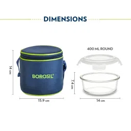 Borosil Klip n Store Glass Round Lunch Box with Bag & Leak Proof Set of 2 (Blue, 400ml Each) image 2