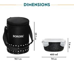 Borosil Black Lunchbox with 3 pc Round Container Set & Bag (400 ml) image 2