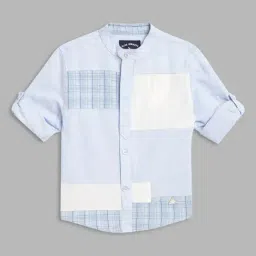 Blue Giraffe Kids Blue & White Cotton Color Block Shirt-picture-16