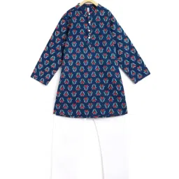 Campana Kids Navy & White Cotton Floral Print Kurta Set-17