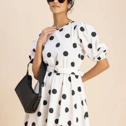 Moomaya White & Black Cotton Polka Dot Skater Dress-picture-28