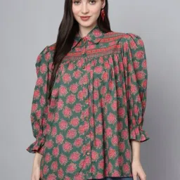 Divena Green Cotton Floral Print Shirt-image-38
