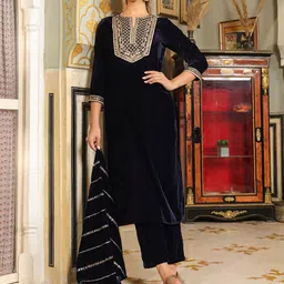 Janasya Floral Embroidered Sequinned Velvet Straight Kurta with Trousers & Dupatta-image-71