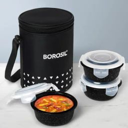 Borosil Black Lunchbox with 3 pc Round Container Set & Bag (400 ml)-28