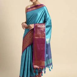 APNISHA Blue & Pink Woven Saree With Unstitched Blouse-image-78