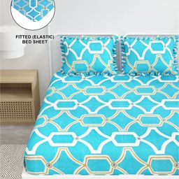 DREAM WEAVERZ Blue & White Printed 260 TC Fitted King Bedsheet Set- 2.35 m x 2.55 m-image-21