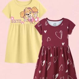 Nap Chief Girls Red & Yellow Cotton Relaxed Fit Character Based Casual Dress -Pack of 2-image-48