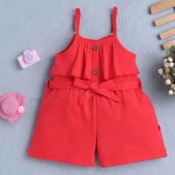 Bumzee Red Cotton Solid Jumpsuit With Belt for Girls-image-6