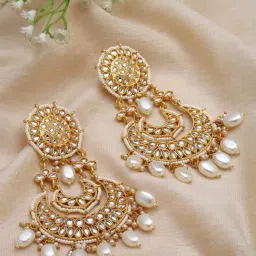 Panash Gold Plated Kundan Crescent Shaped Chand Bali Earrings-image-14
