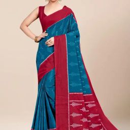 Saree Mall Blue & Red Cotton Printed Saree With Unstitched Blouse-image-64