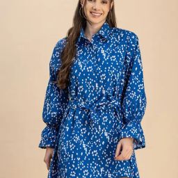 Moomaya Blue & White Cotton Printed Shirt Dress-image-17