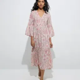Utsa by Westside Peach Foliage Printed Cotton Tiered Dress-picture-7