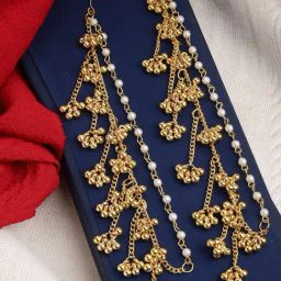 Panash Gold Plated Pearls Studded Classic Jhumki Earrings with Ear Chains-14