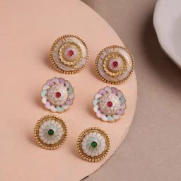 Panash Gold Plated Circular Stone Studded & Beaded Stud Earrings Set of 3-20