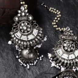 Priyaasi Oxidised Silver-Toned Rhodium-Plated Kundan Studded & Beaded Dome Shaped Jhumki Earrings-image-18
