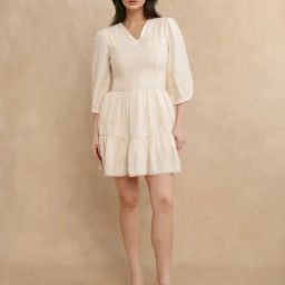 RAREISM Beige Cotton Blend Solid Three-Quarter Sleeves Dress-image-55