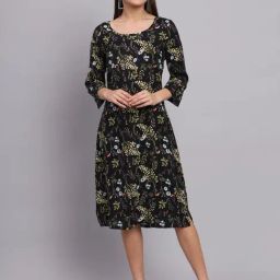 DECKEDUP Black Floral Print A Line Dress-image-27