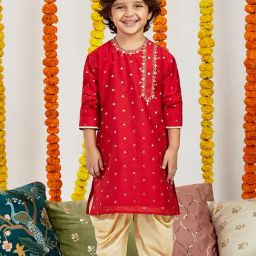 VASTRAMAY Boys Red Embroidery KurtaSets-image-67