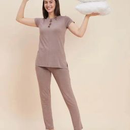 Sweet Dreams Taupe Brown Polka Dots T-Shirt & Pyjama Set-image-40