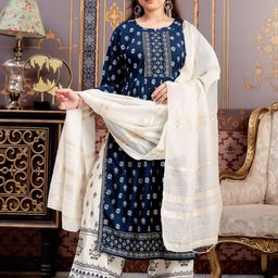 Sangria Girls Floral Printed Round Neck Pleated Foil Printurta Trouser With Dupatta-image-75