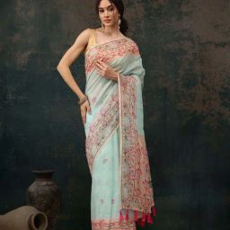 Silk Land Blue & Beige Printed Saree With Unstitched Blouse-image-87