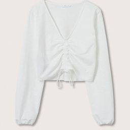 Mango Kids Girls White Solid Ruched Puff Sleeves Pure Cotton Crop Top-picture-47