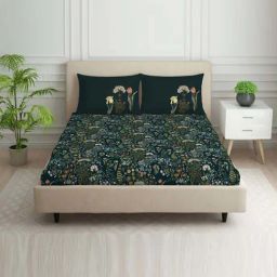 Spaces Petit Noir Dark Teal Cotton Viscose 138 TC Double Bedsheet with 2 Pillow Covers-image-28