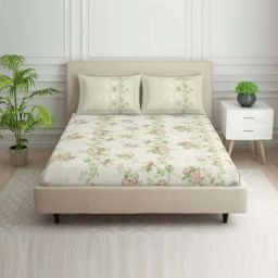 Spaces Botanica Cream Cotton Viscose 138 TC Double Bedsheet with 2 Pillow Covers-image-63