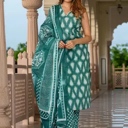 KALINI Women Teal Green Pure Cotton Sleeveless Kurta Trouser Dupatta Set-picture-26