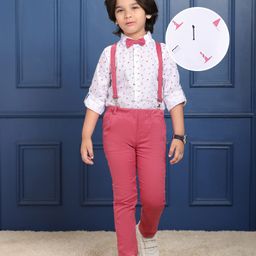 Mark & Mia Full Sleeves Golf Course Printed Party Shirt & Trouser Set with Bow Tie & Suspender - Red & White-image-39