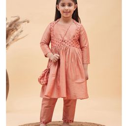 Vastramay Three Fourth Sleeves  Leaves Motif Printed Anarkali Kurta & Pyjama  With Potli Bag  -  Pink-image-84