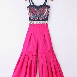 Twisha Sleeveless Beaded Butterfly Embroidered And Sequin Danglers  Detailed Denim Top With Self Designed Palazzo - Blue & Pink-image-47