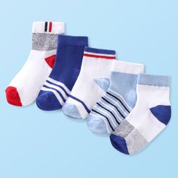 Cute Walk by Babyhug Cotton Blend Rich Non Terry Antibacterial Ankle Length Socks Striped Design Pack of 5 - Blue & White-image-49