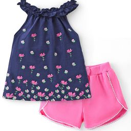 Babyhug 100% Cotton Knit Sleeveless Top & Shorts With Floral Print - Pink & Navy Blue-image-78