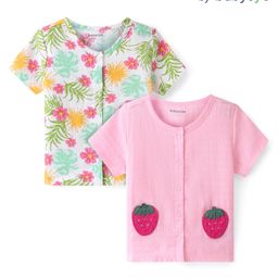 Babyoye 100% Cotton Knit with Eco Jiva Finish Half Sleeves Vests Floral Print Pack of 2 - Pink & White-image-44