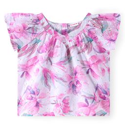 Babyhug Woven Half Sleeves Floral Printed Top with Schiffili Detailing - White & Pink-image-48