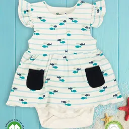Pranava 100% Organic Cotton Frill Sleeves Tiny Fish Printed Onesie - White-picture-24
