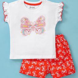 Doreme Single Jersey Knit Half Sleeves Top & Shorts With Butterfly Print - White & Orange-picture-0