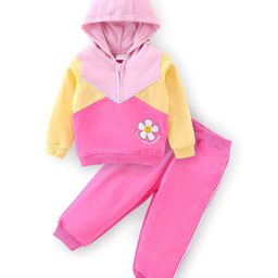 Babyhug Cotton Knit Full Sleeves Floral Printed Hooded Top & Lounge Pants Set - Pink & Yellow-picture-27