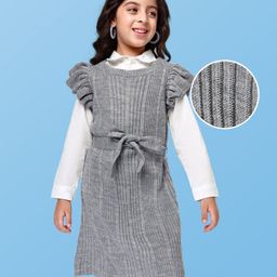 Hola Bonita Full Sleeves Poplin Shirt with Textured Knit Fabric Sweater Dress - Grey-image-59