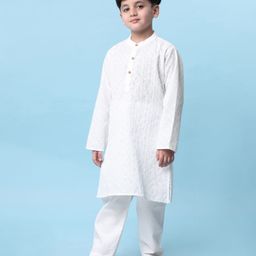 Babyhug Cotton Woven Full Sleeves Solid Embroidered Kurta Pyjama Set - White-image-3